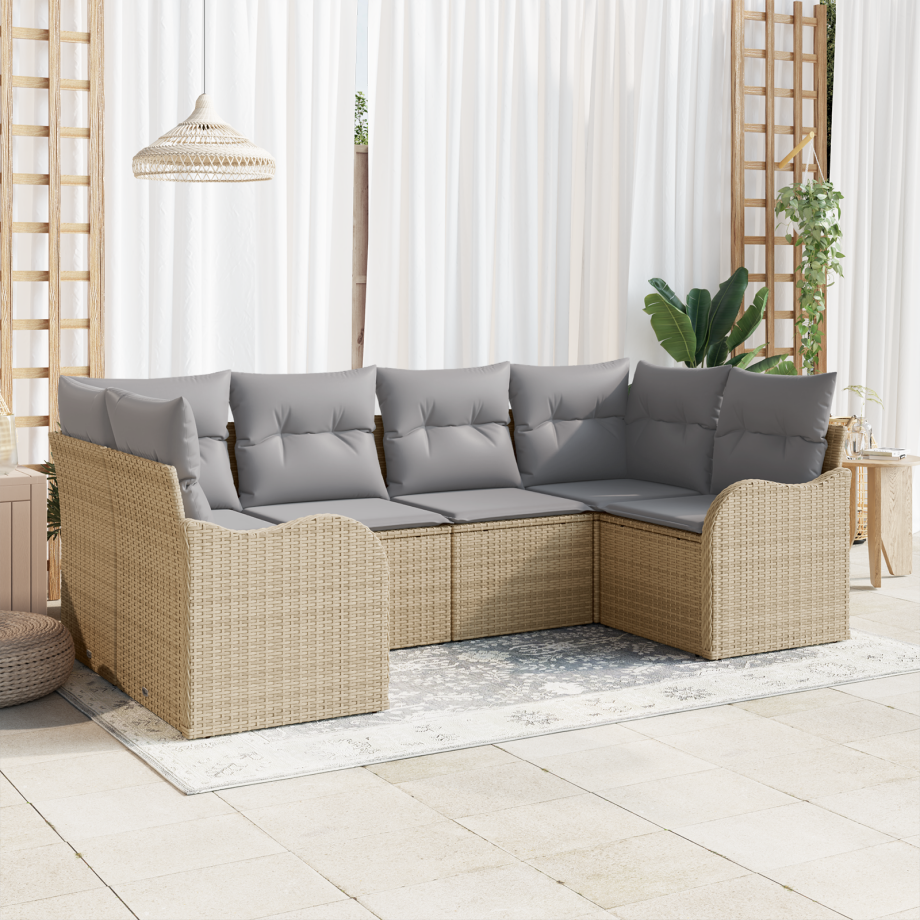 vidaXL 6-delige tuinset met kussens in beige poly rattan afbeelding 1