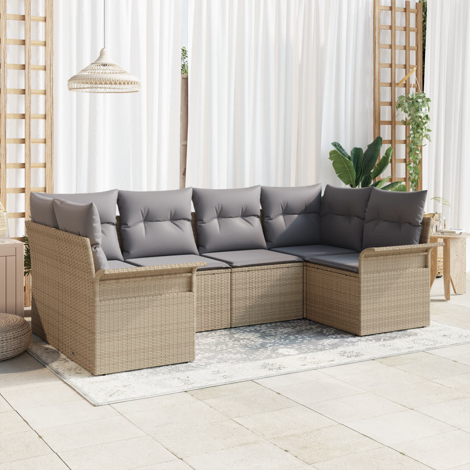 vidaXL 6-delige tuinset met kussens in beige poly rattan afbeelding 1