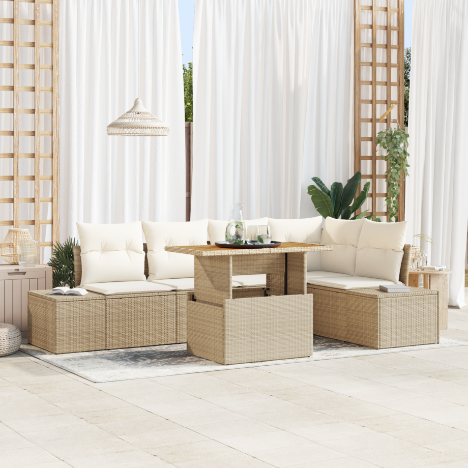 vidaXL 6-delige Tuinset met Kussens in Beige van Poly Rattan en Acacia vidaXL 6-delige Tuinset met Kussens in Beige van Poly Rattan en Acacia afbeelding 1