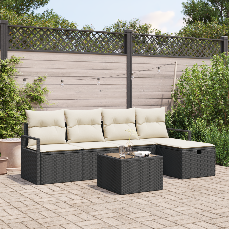 vidaXL Bankstel met kussen met opslag 6 pcs Zwart en Crème poly rattan afbeelding 1