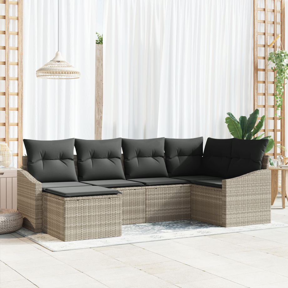 vidaXL 6-delige tuinset met tafel en stoelen inclusief kussens in lichtgrijs poly rattan afbeelding 1