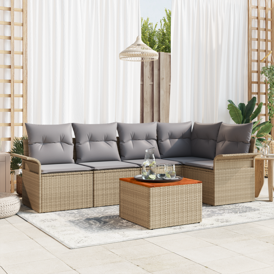 vidaXL 6-delige tuinsofa set met beige kussens van poly rattan en acacia afbeelding 1
