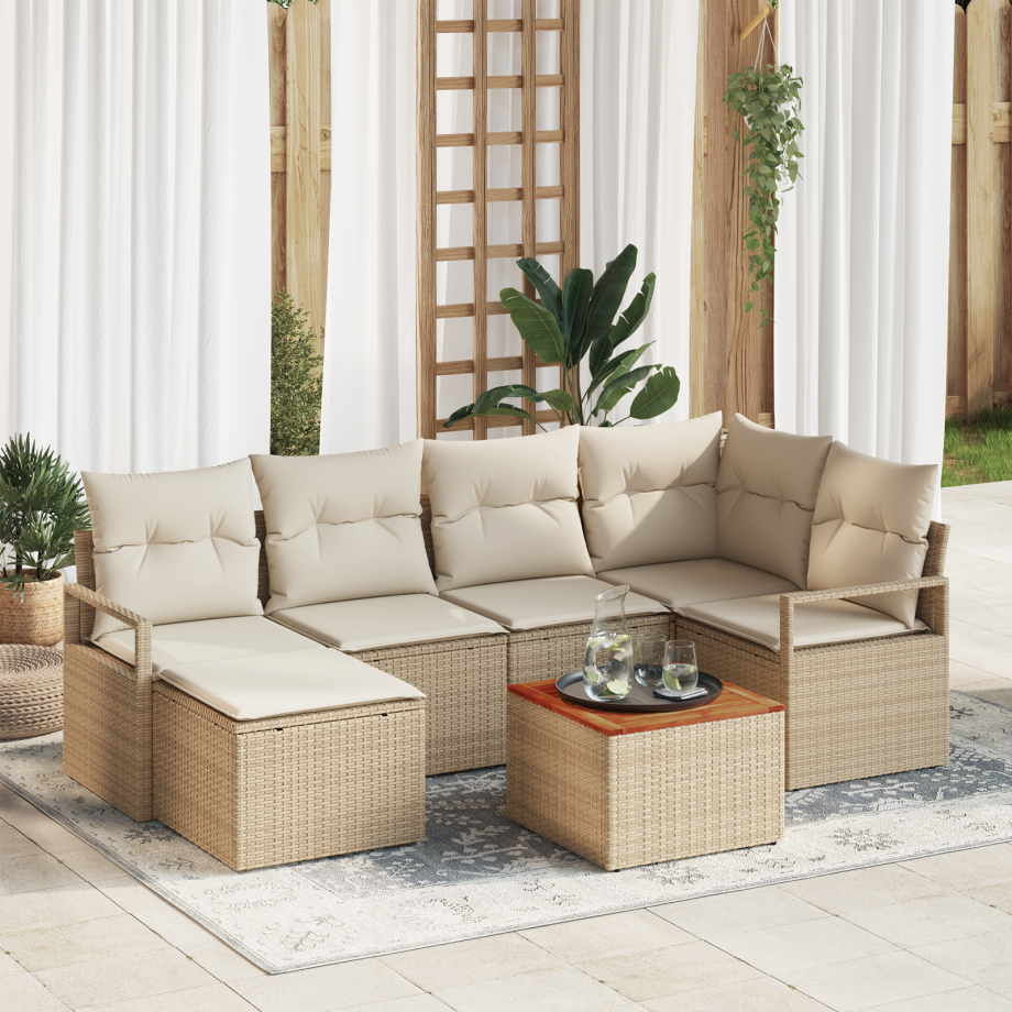 vidaXL 7-delige ligbed set met kussens Beige Poly Rattan Acacia afbeelding 1