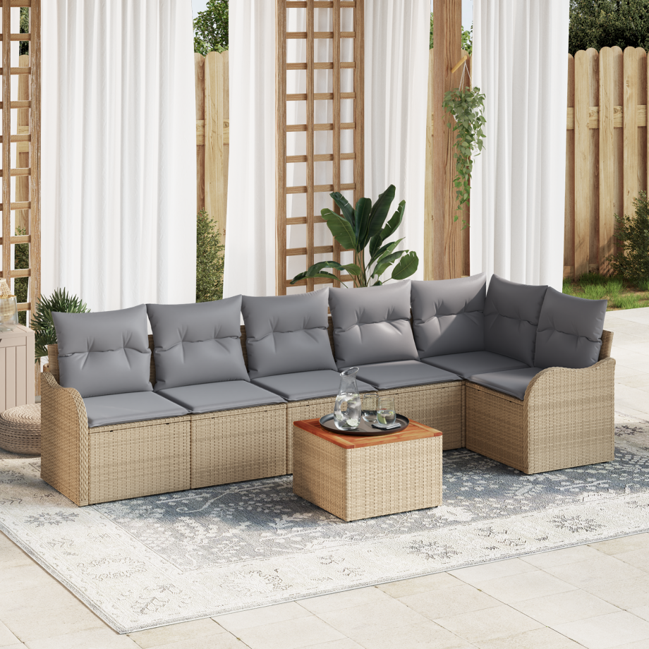 vidaXL 7-delige Ligbedset met Kussens Beige Poly Rattan Acacia afbeelding 1