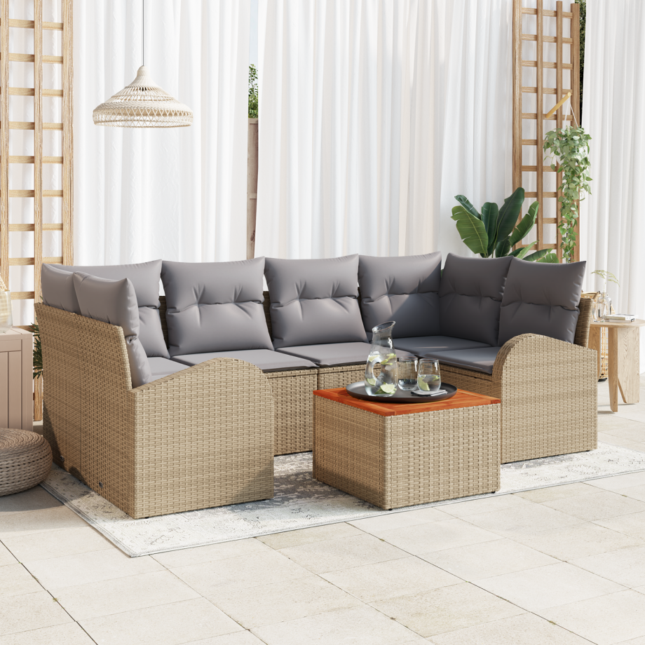 vidaXL 7-delige ligbedset met kussens beige poly rattan acacia afbeelding 1