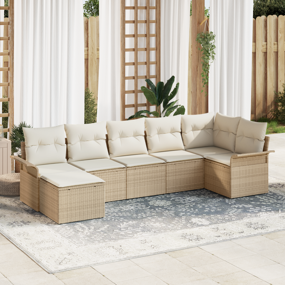 vidaXL 7-delige ligbedset met kussens in beige poly rattan afbeelding 1