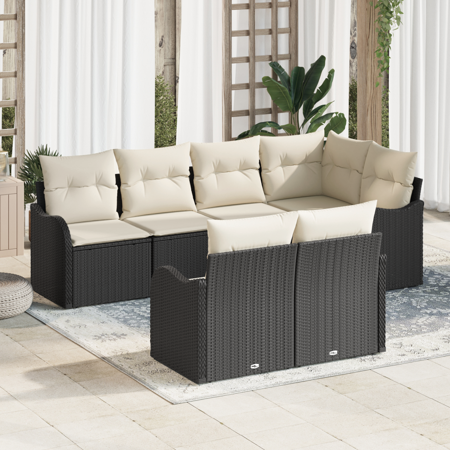vidaXL 7-delige ligbedset met kussens zwart poly rattan afbeelding 1