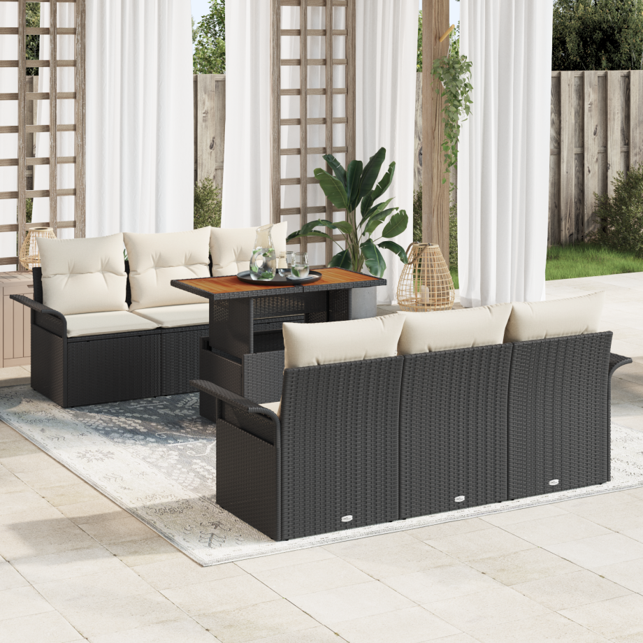 vidaXL 7-delige ligbedset met kussens - zwart poly rattan afbeelding 1