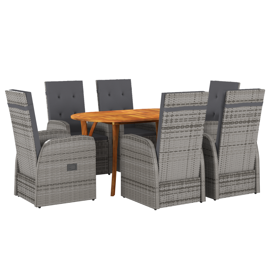 vidaXL 7-delige Tuin Eettafel Set met Kussens Grijs Poly Rattan Acacia afbeelding 1