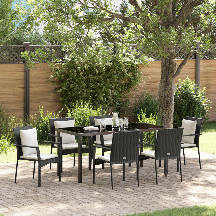 vidaXL 7-delige Tuin Eettafel Set met Kussens - Zwart Poly Rattan afbeelding 1