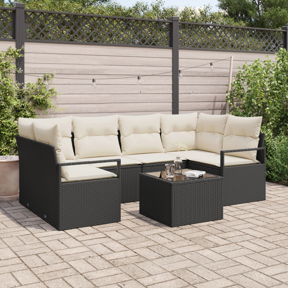vidaXL Bankstel met kussen 7 pcs Zwart en Crème poly rattan afbeelding 1