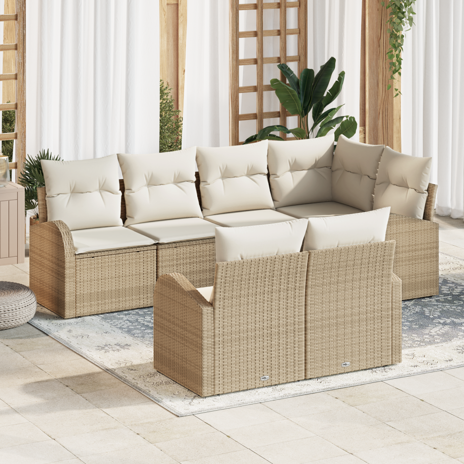vidaXL 7-delige tuinbankset met kussens beige poly rattan afbeelding 1