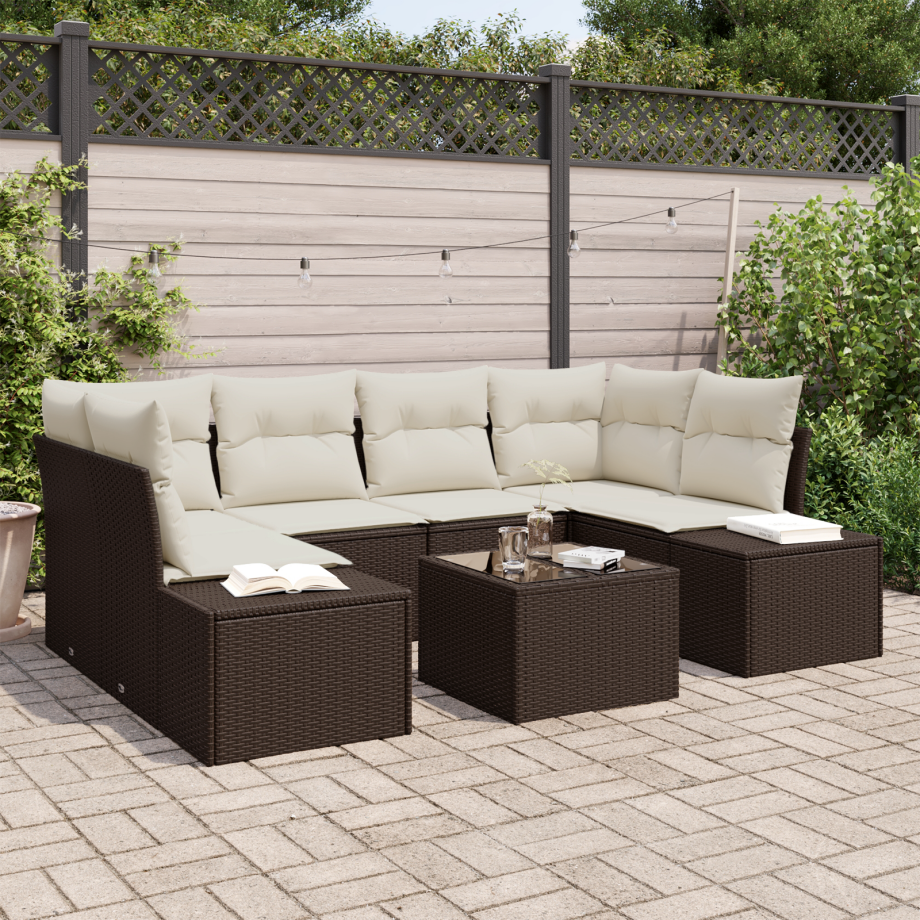 vidaXL 7-delige tuinset met kussens bruin poly rattan vidaXL 7-delige tuinset met kussens bruin poly rattan afbeelding 1
