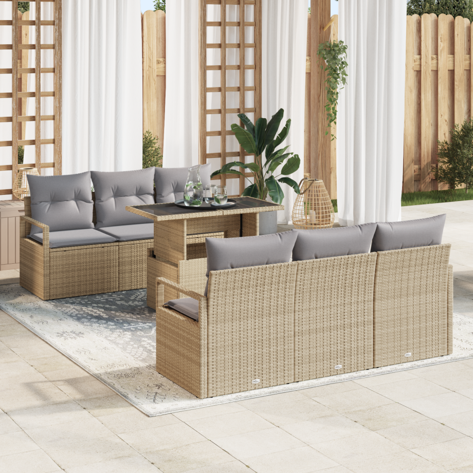 vidaXL 7-delige tuinset met kussens in beige poly rattan afbeelding 1