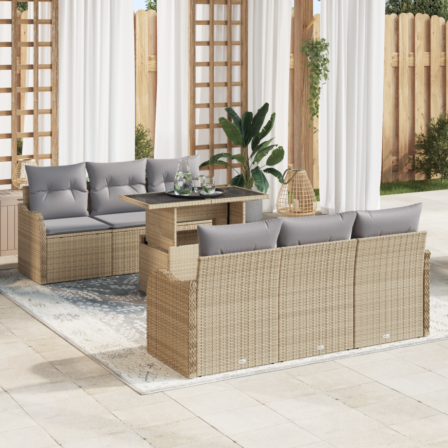 vidaXL 7-delige tuinset met kussens in beige poly rattan vidaXL 7-delige tuinset met kussens in beige poly rattan afbeelding 1
