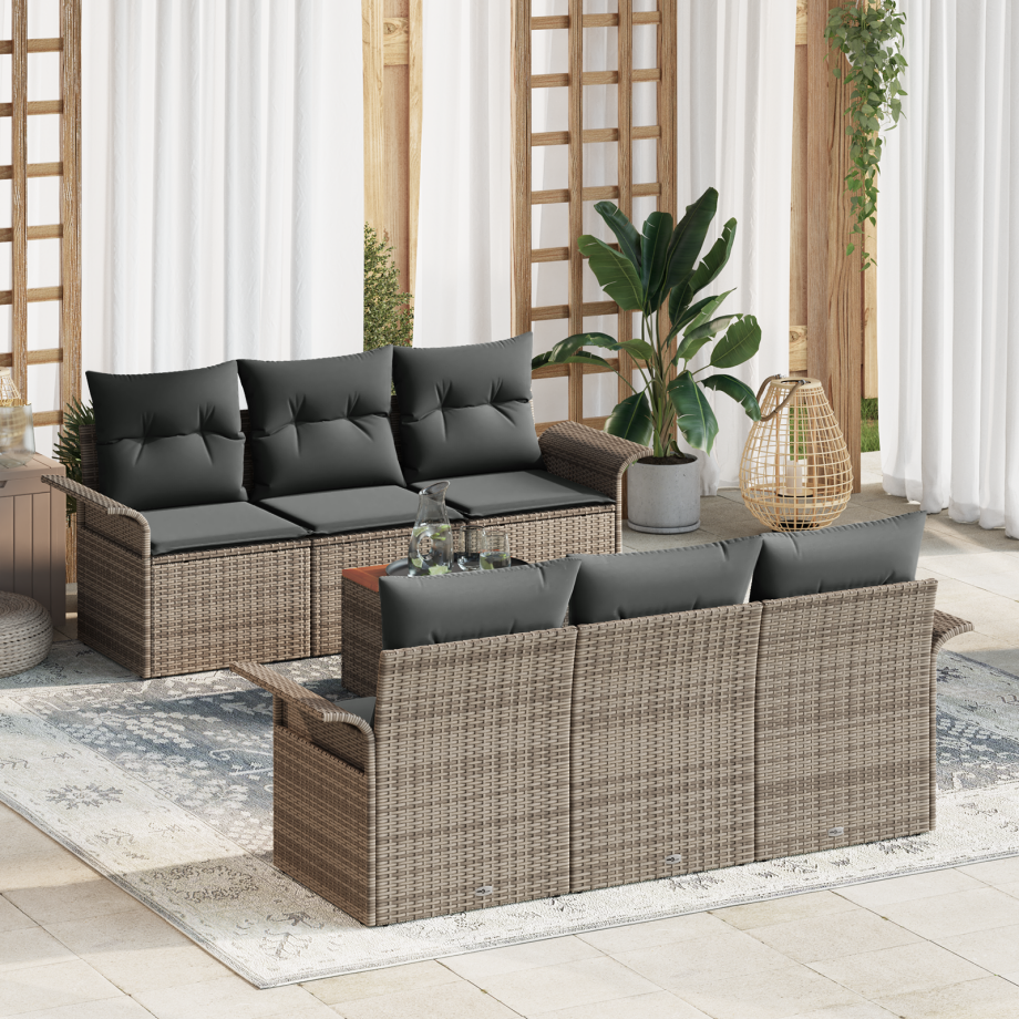 vidaXL 7-delige tuinset met kussens in grijs poly rattan en acacia vidaXL 7-delige tuinset met kussens in grijs poly rattan en acacia afbeelding 1