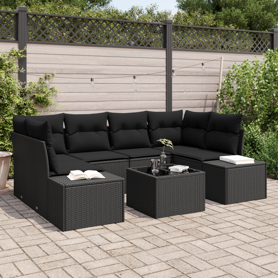 vidaXL 7-delige Tuinset met Kussens - Zwart Poly Rattan vidaXL 7-delige Tuinset met Kussens - Zwart Poly Rattan afbeelding 1