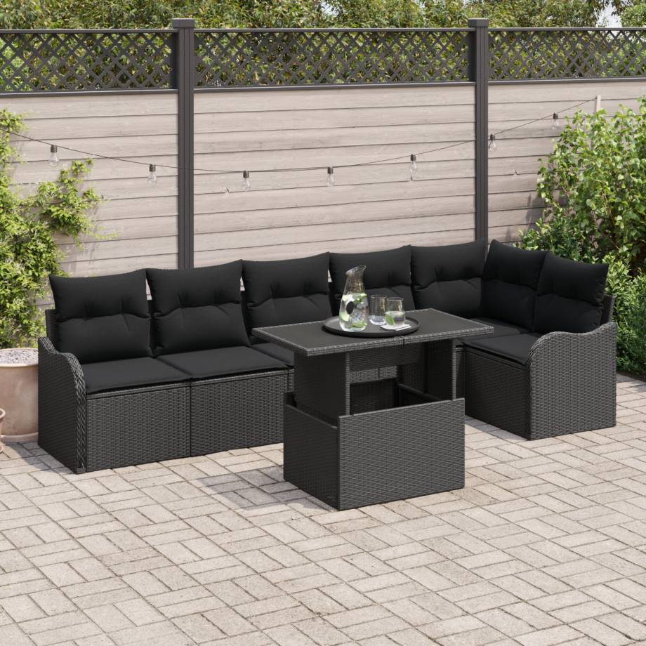 vidaXL Bankstel met kussen 7 pcs Zwart Poly riet afbeelding 1
