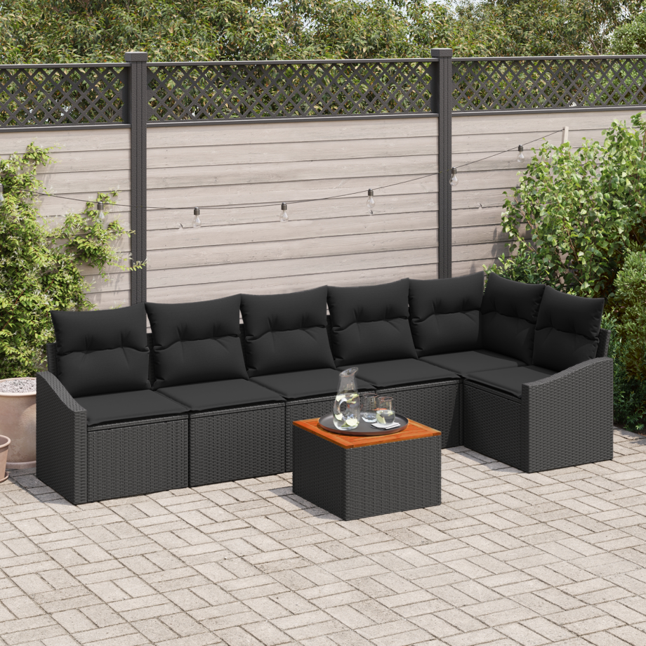 vidaXL 7-delige tuinset met zwarte kussens van poly rattan en acaciahout afbeelding 1