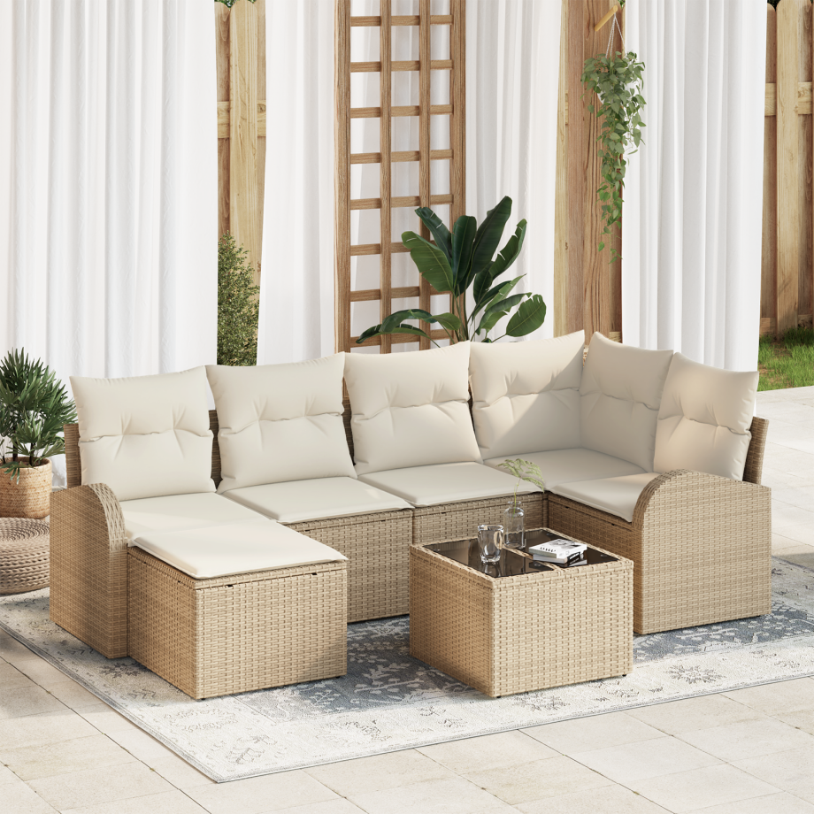 vidaXL Bankstel met kussen met opslag 7 pcs Beige en Wit poly rattan afbeelding 1