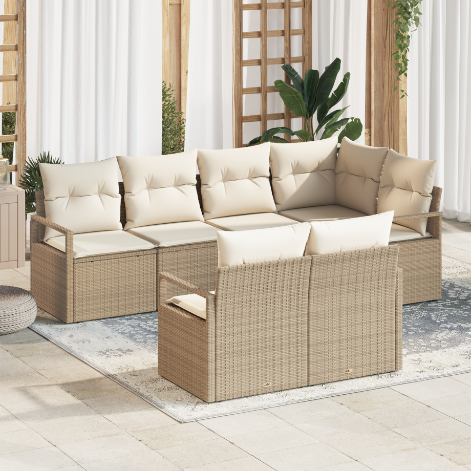 vidaXL 7-delige tuinsofa set met kussens in beige poly riet vidaXL 7-delige tuinsofa set met kussens in beige poly riet afbeelding 1