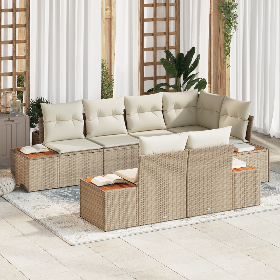vidaXL 7-delige tuinsofa set met kussens in beige van poly rattan en acacia vidaXL 7-delige tuinsofa set met kussens in beige van poly rattan en acacia afbeelding 1