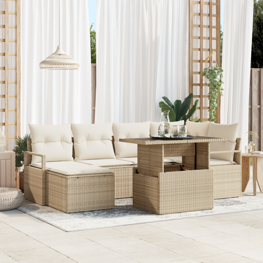 vidaXL 7-Persoons Tuinset met Kussens in Beige Poly Riet afbeelding 1