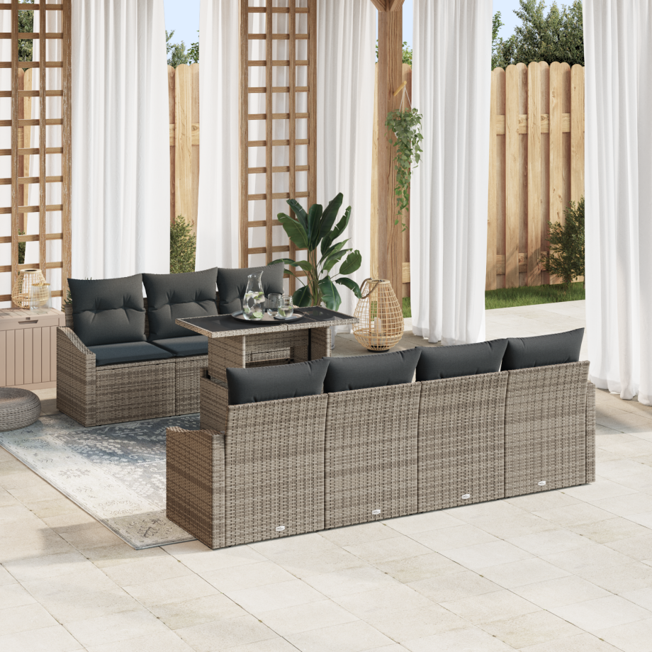vidaXL 8-delige ligbed set met kussens grijs poly rattan vidaXL 8-delige ligbed set met kussens grijs poly rattan afbeelding 1