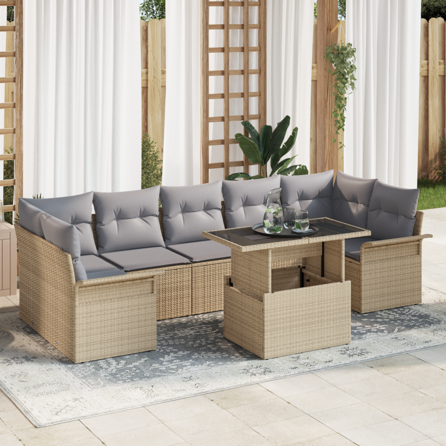 vidaXL 8-delige ligbedset met kussens in beige poly rattan afbeelding 1
