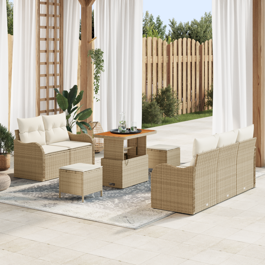vidaXL 8-delige Tuin Sofa Set met Kussens Beige Poly Rattan Acacia afbeelding 1