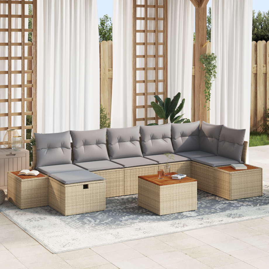 vidaXL 8-delige tuinbankset met kussens - Beige Poly Rattan afbeelding 1