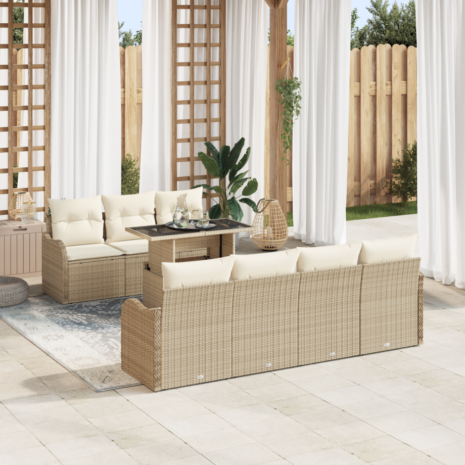 vidaXL 8-delige tuinset met kussens - Beige Poly Rattan vidaXL 8-delige tuinset met kussens - Beige Poly Rattan afbeelding 1