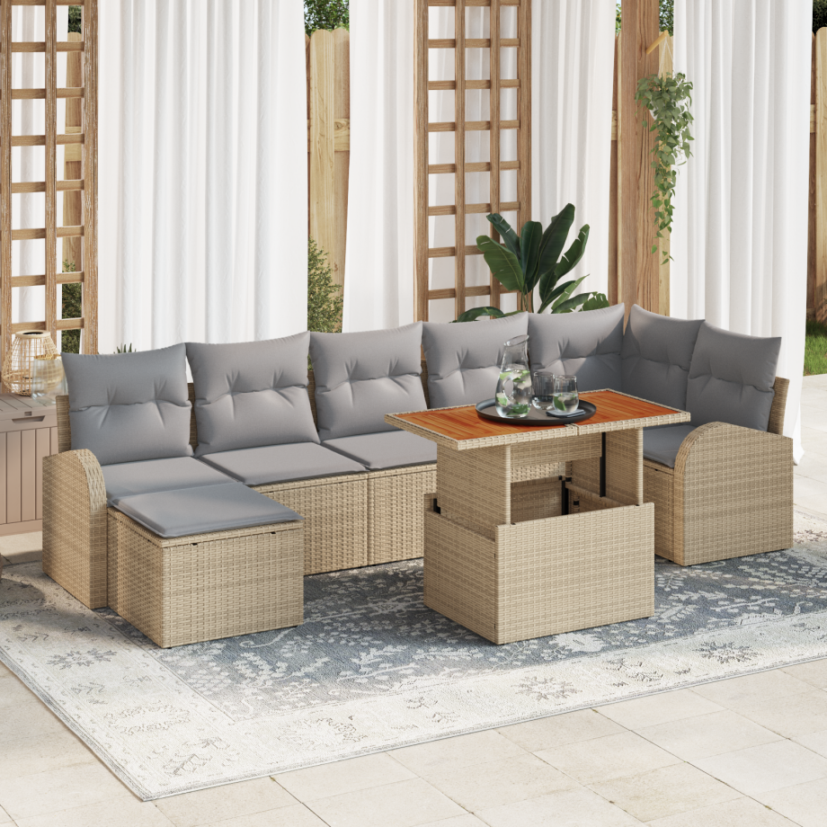 vidaXL 8-delige tuinset met kussens in beige poly rattan afbeelding 1