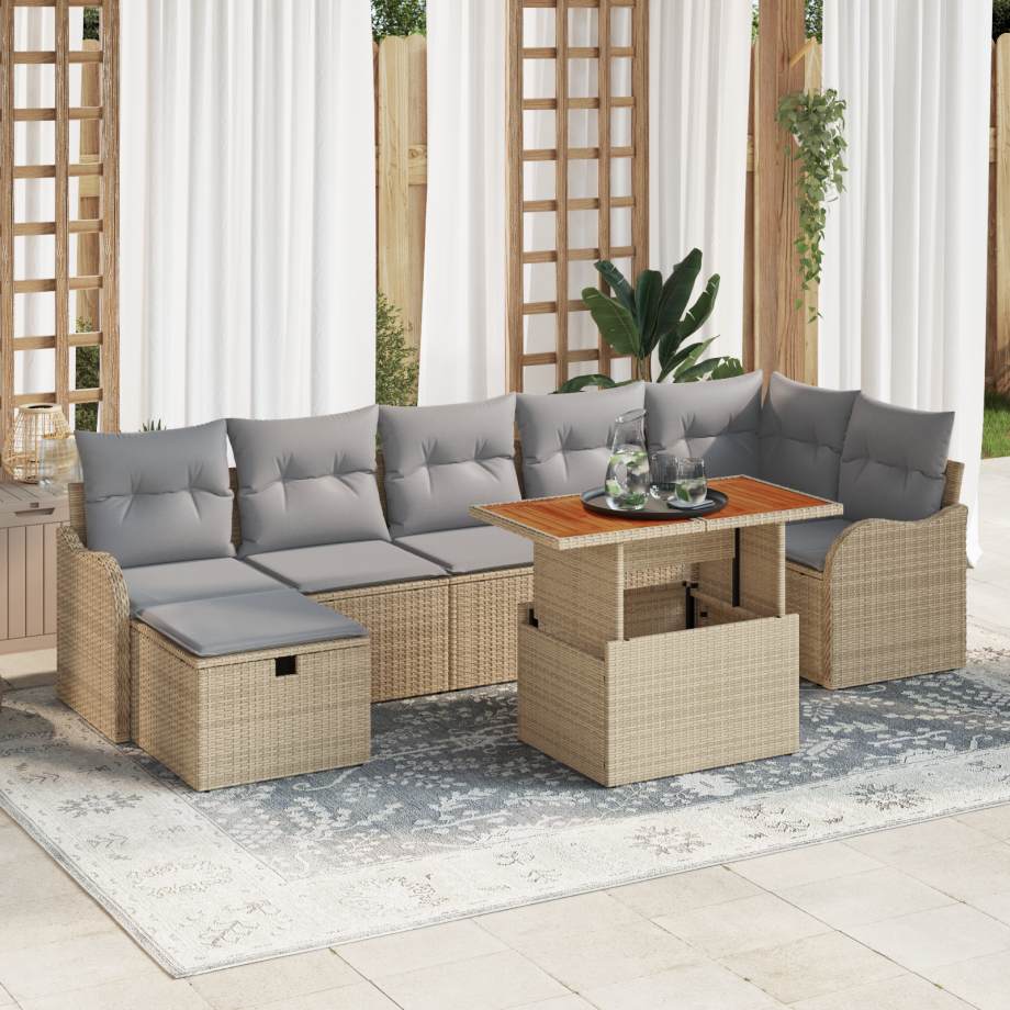 vidaXL 8-delige tuinset met kussens in beige poly rattan afbeelding 1