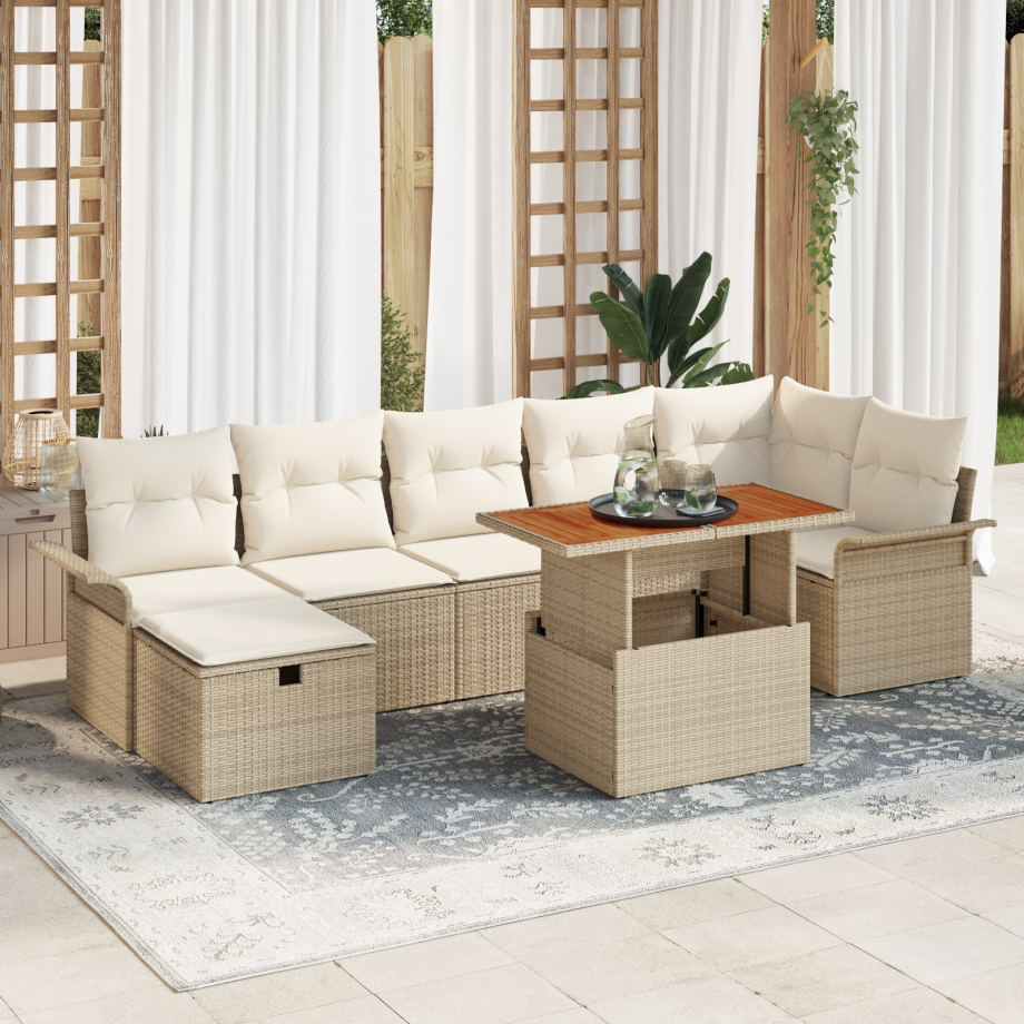 vidaXL 8-delige tuinset met kussens in beige poly rattan afbeelding 1