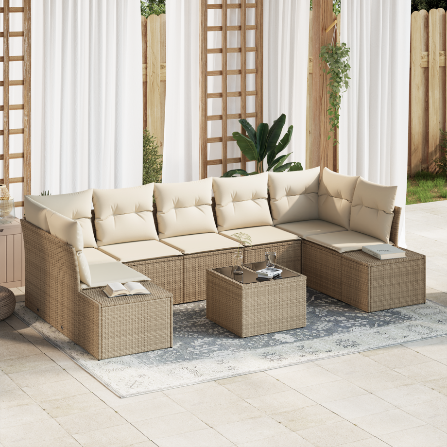 vidaXL 8-delige tuinset met kussens in beige poly rattan vidaXL 8-delige tuinset met kussens in beige poly rattan afbeelding 1