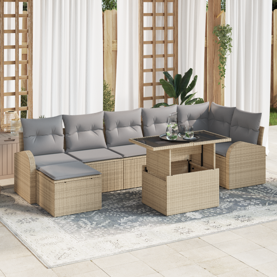 vidaXL 8-delige tuinset met kussens in beige poly rattan afbeelding 1