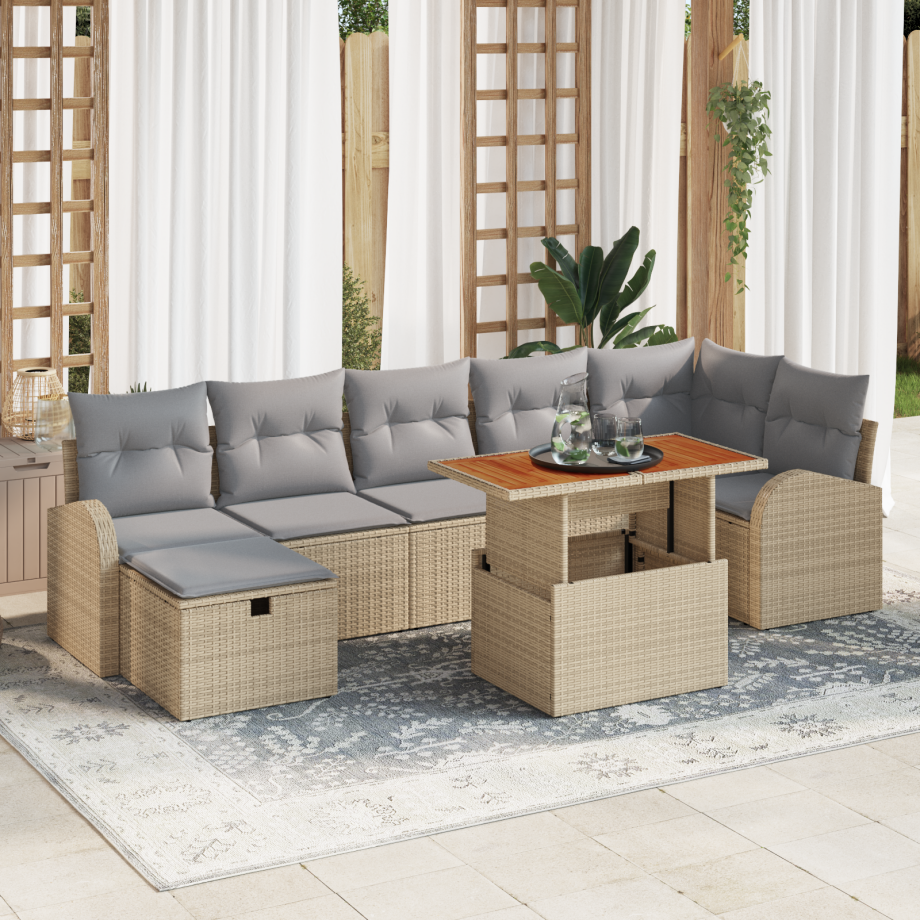 vidaXL 8-delige tuinset met kussens in beige poly rattan afbeelding 1