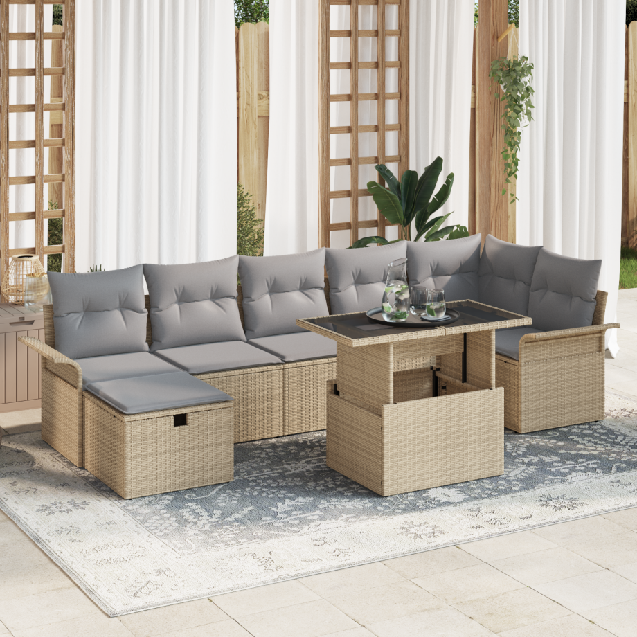 vidaXL 8-delige tuinset met kussens in beige poly rattan afbeelding 1