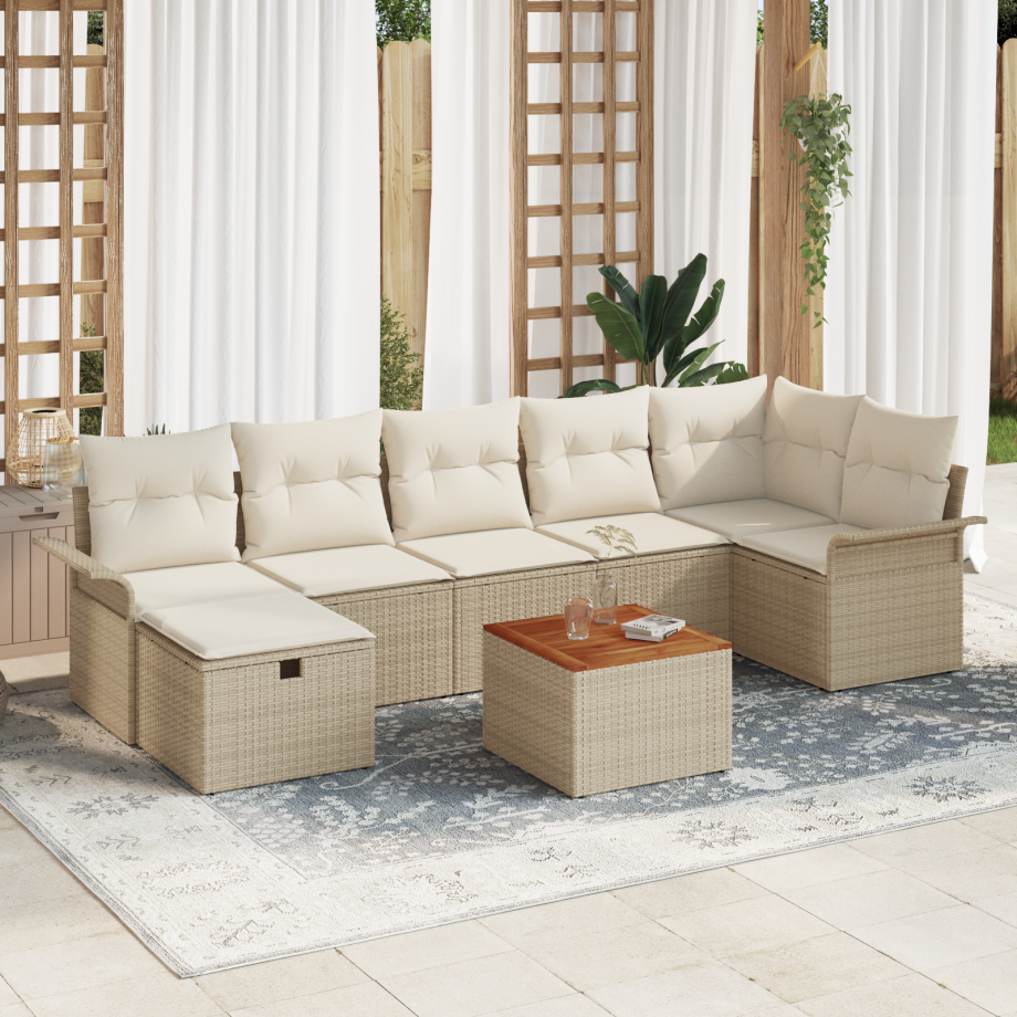 vidaXL 8-delige tuinset met kussens in beige poly rattan afbeelding 1