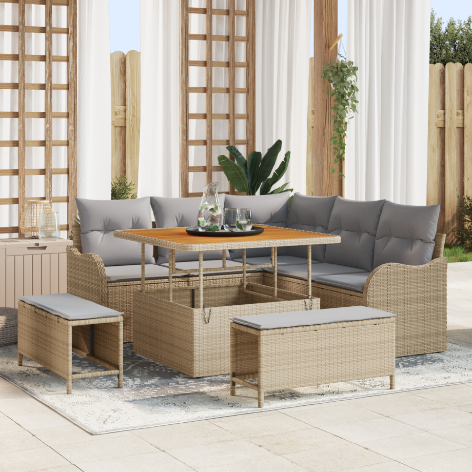 vidaXL 8-delige tuinset met kussens in beige, van poly rattan en acacia afbeelding 1