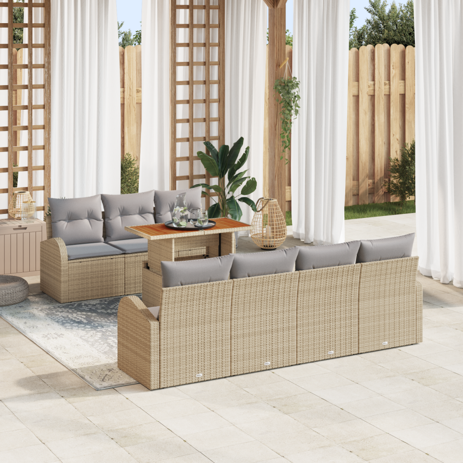vidaXL 8-delige Tuinset met kussens poly rattan acaciahout beige afbeelding 1