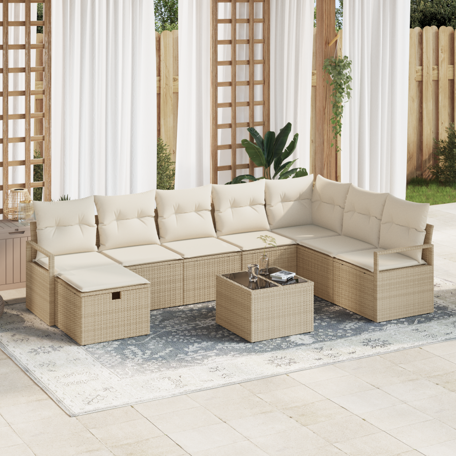 vidaXL 9-delige ligbed set met kussens in beige poly rattan afbeelding 1