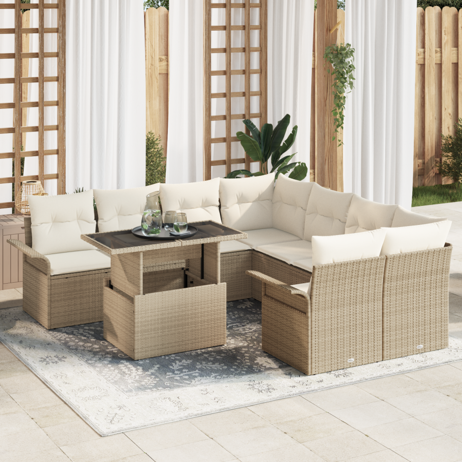vidaXL 9-delige ligbedset met kussens in beige poly rattan afbeelding 1