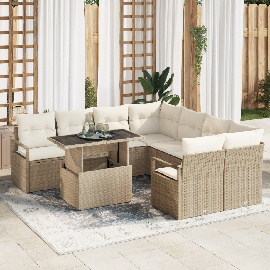 vidaXL 9-delige ligbedset met kussens in beige van poly rattan afbeelding 1
