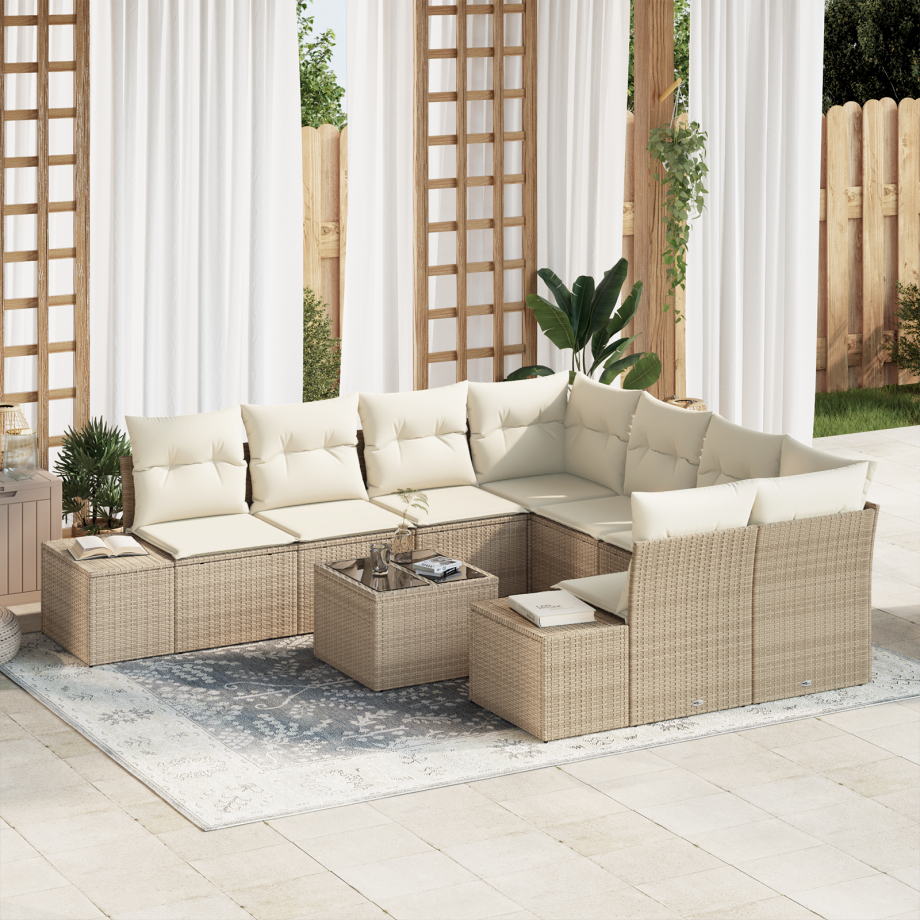 vidaXL 9-delige loungeset met kussens Beige poly rattan afbeelding 1