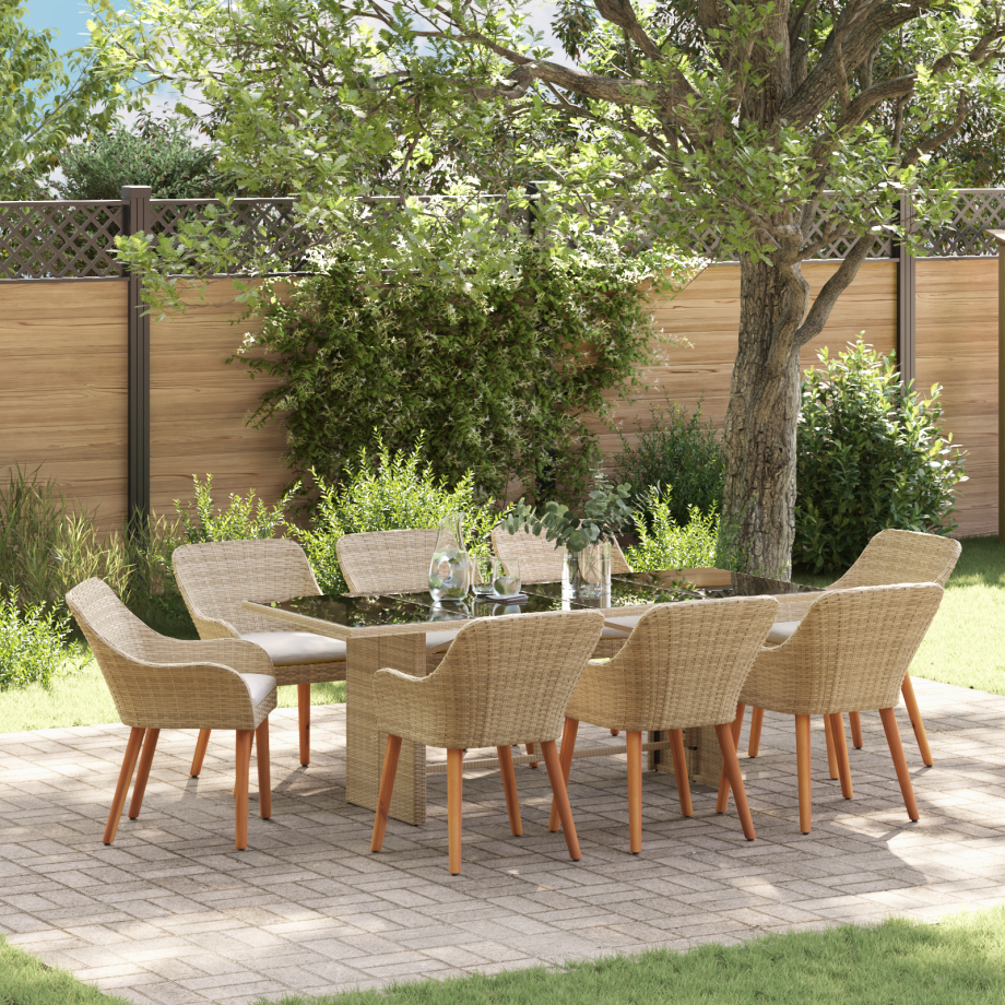 vidaXL 9-delige tuin eettafelset in beige poly rattan afbeelding 1