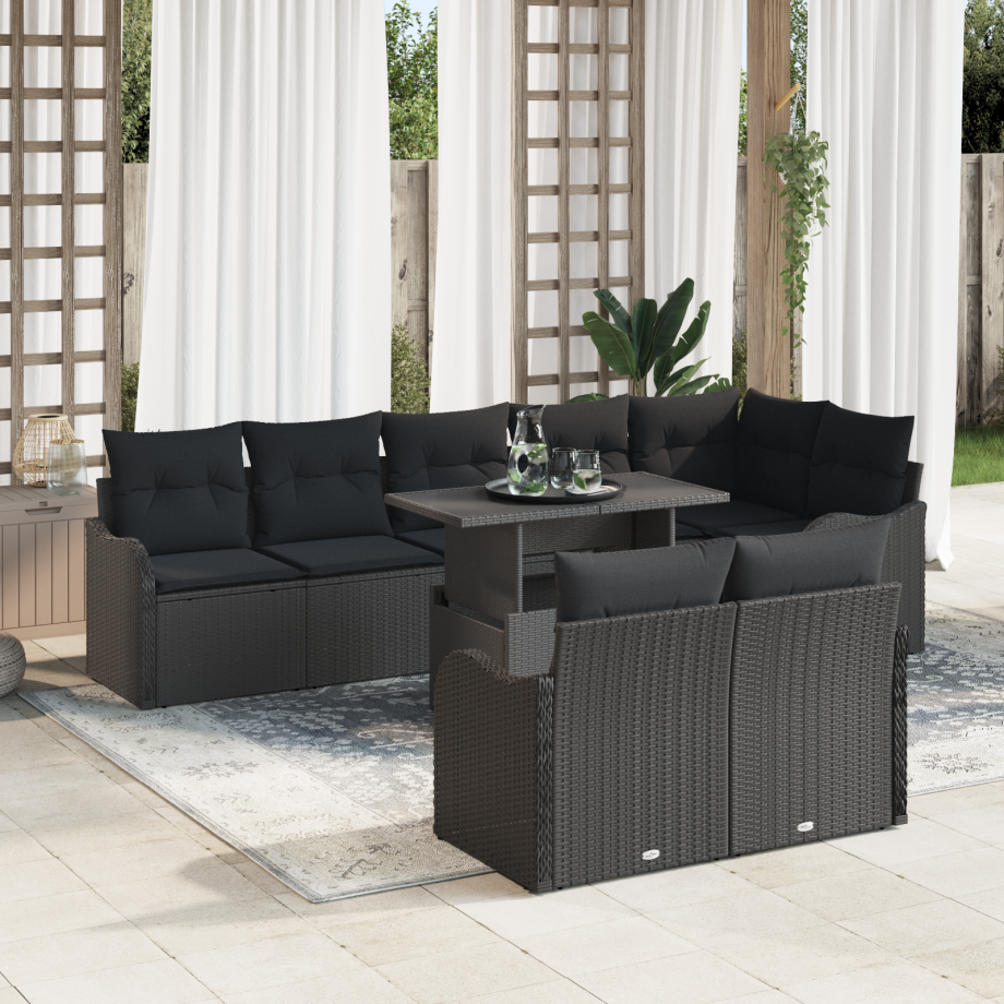 vidaXL Loungebankset met kussen 9 pcs Zwart Poly riet afbeelding 1