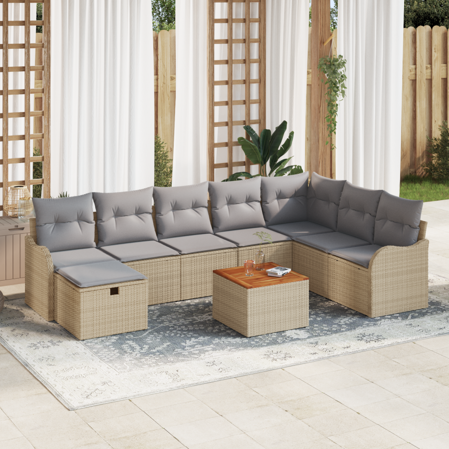 vidaXL 9-delige tuinbankset met kussens in beige poly rattan afbeelding 1