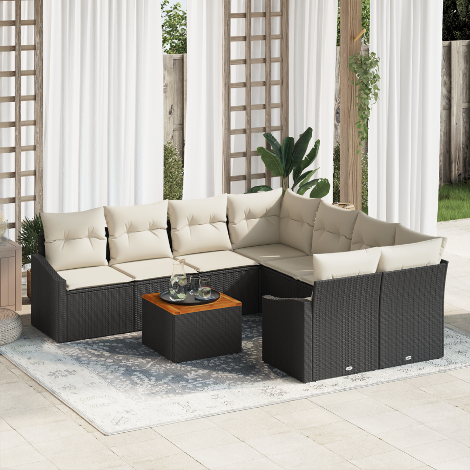 vidaXL 9-delige tuinsalonset met kussens in zwart poly rattan en acacia afbeelding 1